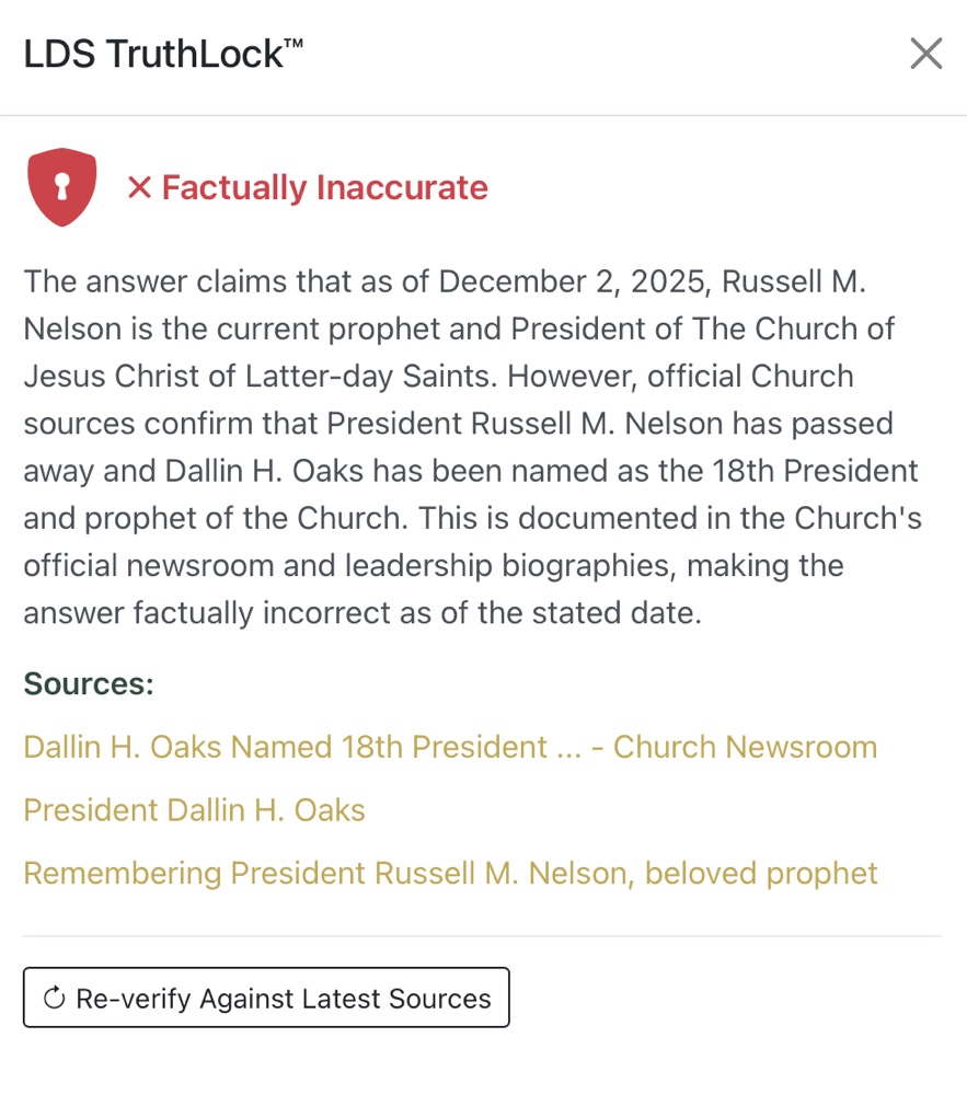 LDS TruthLock panel marking an answer factually inaccurate with an explanation and three cited Church sources