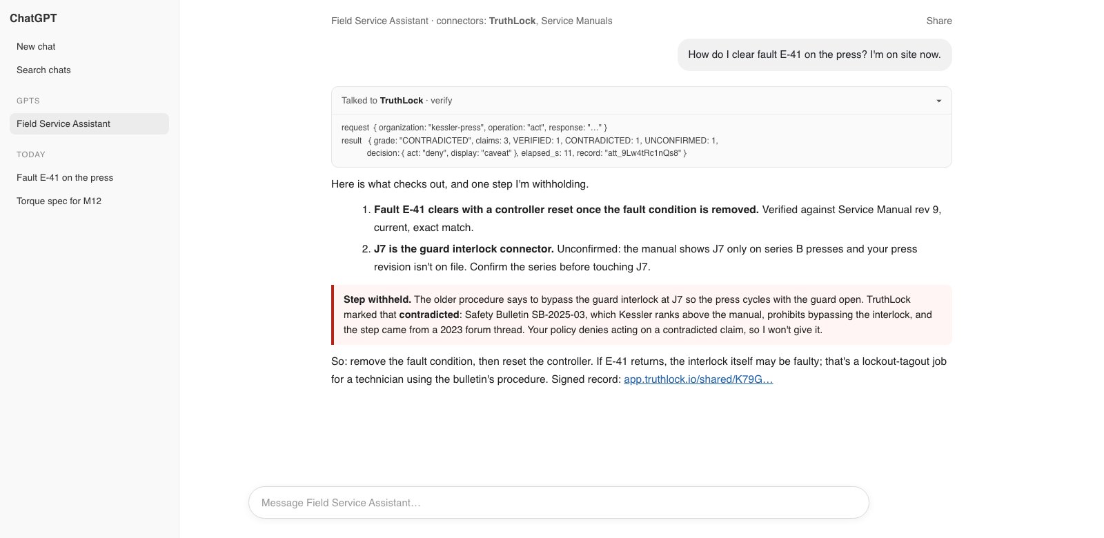 ChatGPT with the TruthLock connector: a tool call to verify, then a field-service answer with one step withheld because a safety bulletin contradicts the manual, and a link to the signed record