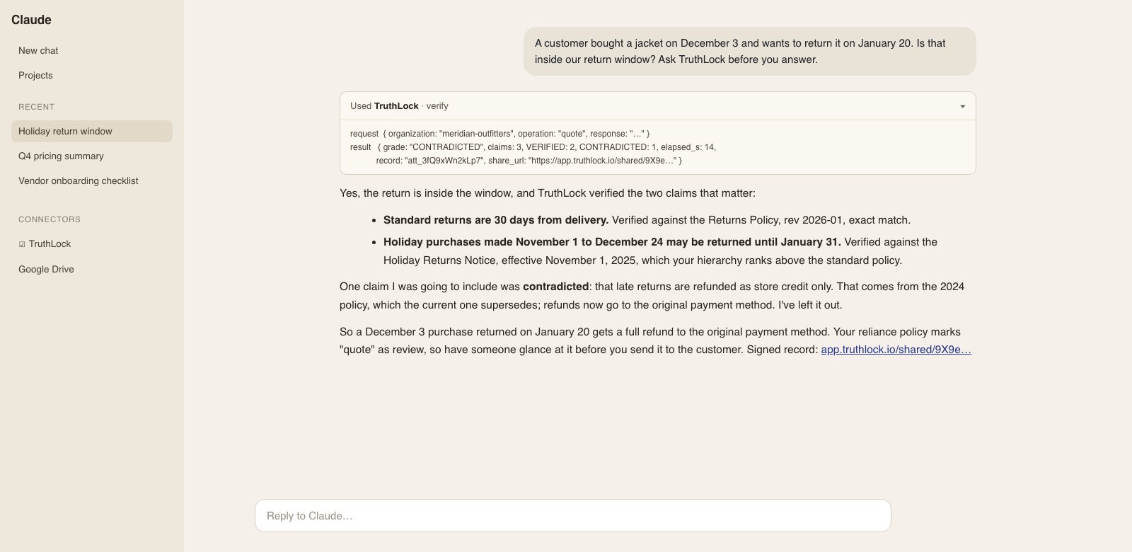 Claude with TruthLock connected over MCP: a tool call to verify, then an answer stating which claims were verified, which was contradicted and left out, and a link to the signed record