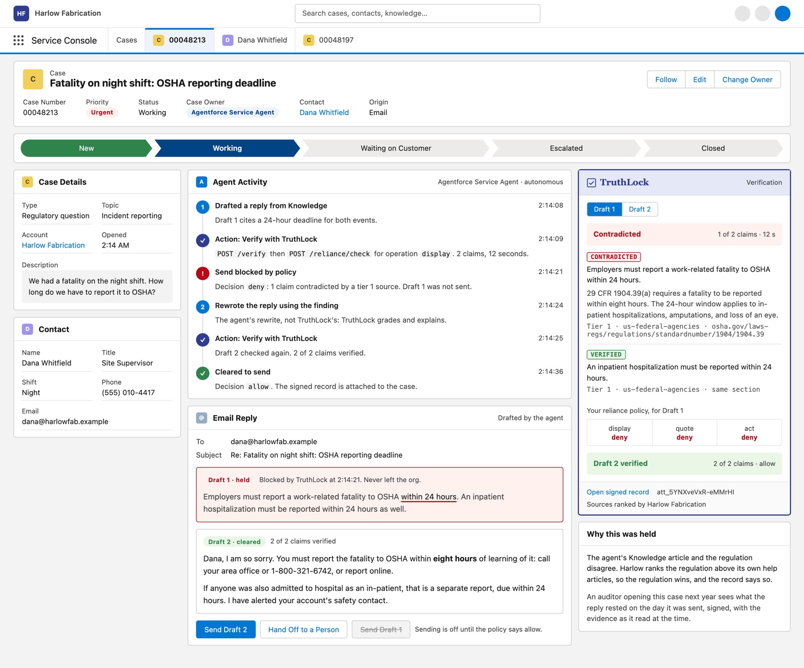 CRM service console: an agent's draft reply held by TruthLock, the contradicted claim with its regulatory source, reliance decisions, and a cleared second draft
