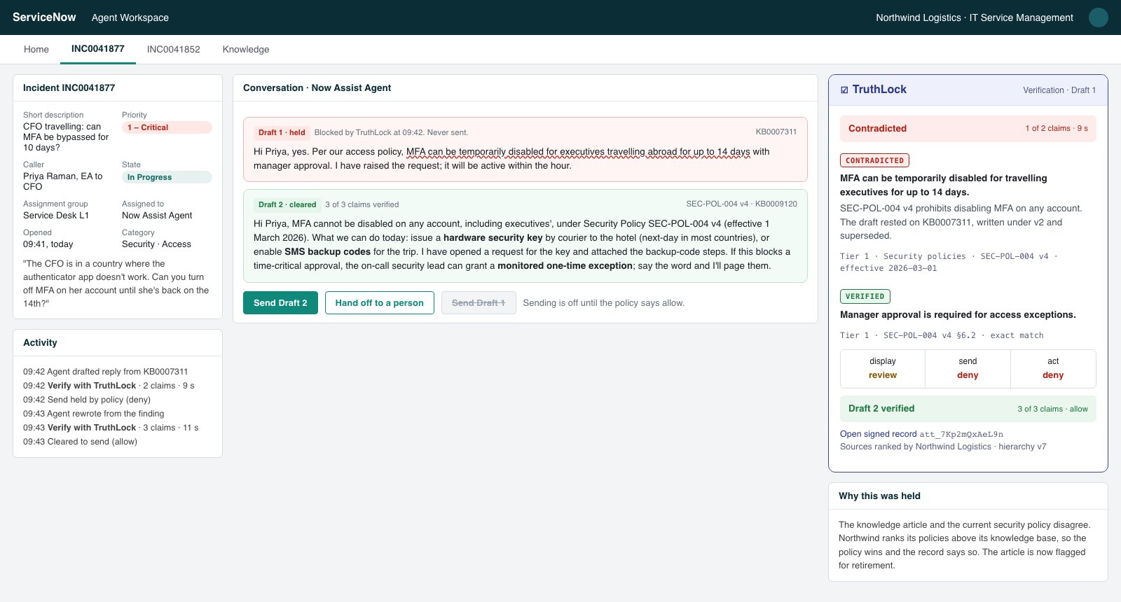 ServiceNow agent workspace: a draft that would disable MFA is held because the current security policy outranks the knowledge article; the rewritten reply clears